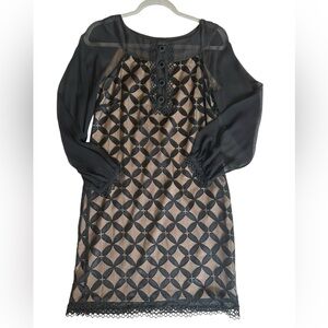 Y2K ECI Black Beige Long Sheer Sleeve, Silk, Cocktail Mini Dress LBD Whimsigoth